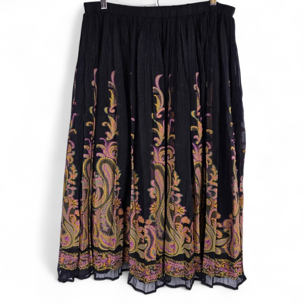 Coldwater Creek Petite Large Black Paisley Gauze Pleated Midi Skirt Boho‎ Chic